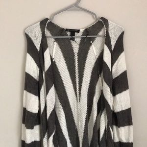 Gray and White Long Cardigan with Belt